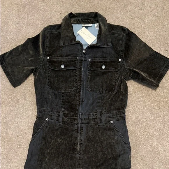 Black And Green Velvet Denim Jumpsuit - Picture 3 of 10